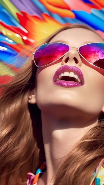 una mujer con un par de gafas de sol con lápiz labial rosa.