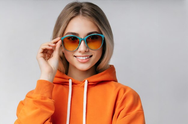 Una mujer con un par de gafas de sol que son azules y amarillas