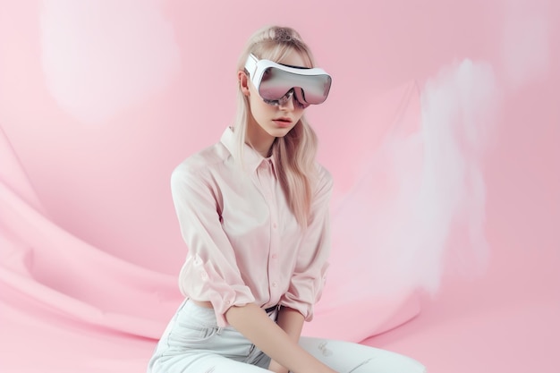 Una mujer con un par de gafas vr se sienta sobre un fondo rosa