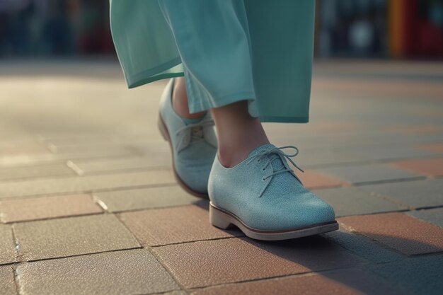 Una mujer con un par de zapatos azules se para en una acera.