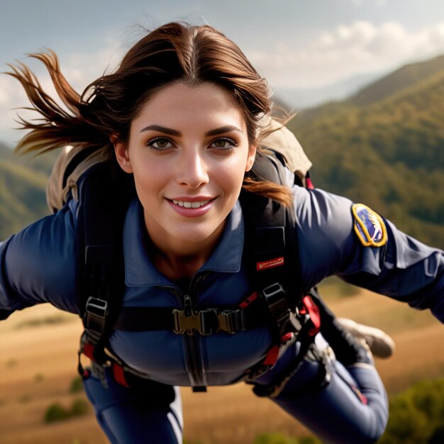 Una mujer en paracaídas sonriendo.