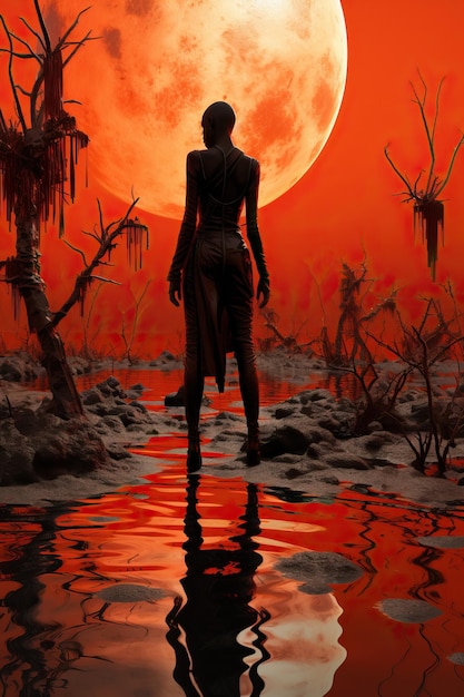una mujer parada en el agua con la luna llena al fondo