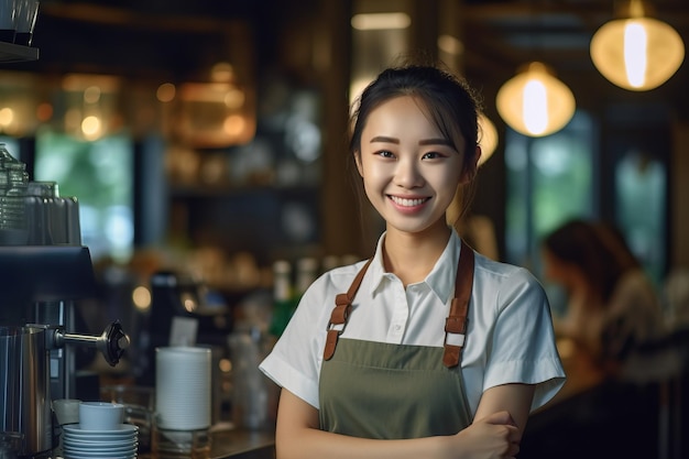 Una mujer parada en un bar con una cafetera al fondo.