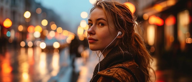 Una mujer parada en una calle de la ciudad con auriculares en los oídos.