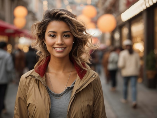 una mujer parada en una calle llena de gente con una sonrisa en su rostro