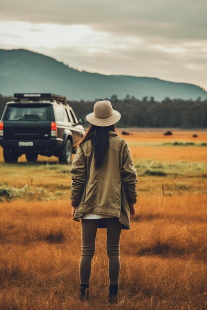 una mujer parada en un campo con un coche al fondo