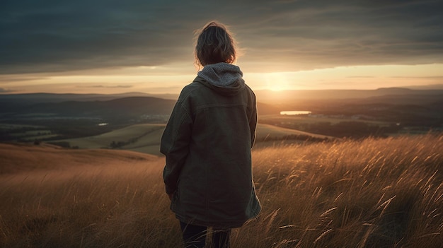 Una mujer parada en un campo mirando la puesta de sol.