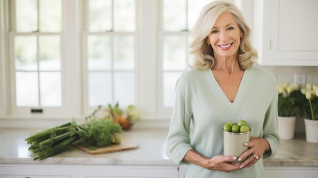 Foto una mujer parada en una cocina sosteniendo una olla de fruta