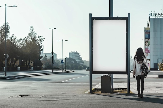 Foto una mujer parada frente a un cartel en una calle de la ciudad