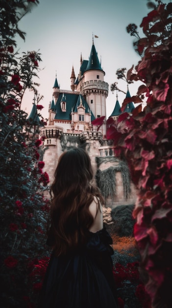 Foto una mujer parada frente a un castillo imagen generativa de ai