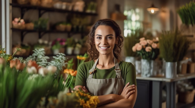 una mujer parada frente a una floristería