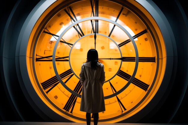 Foto una mujer parada frente a un gran reloj.