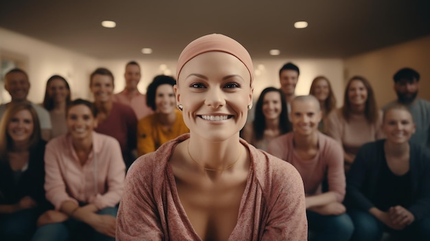 Foto mujer parada frente a un grupo de personas día mundial contra el cáncer