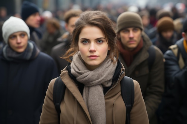 una mujer parada frente a una multitud de personas