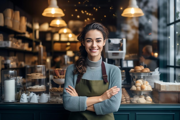 Una mujer parada frente a una panadería.