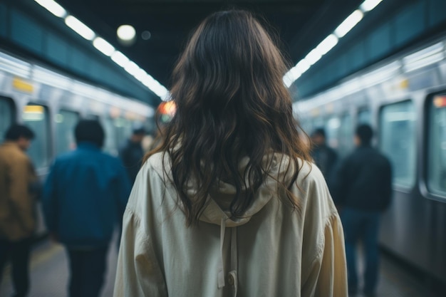 una mujer parada frente a un tren subterráneo