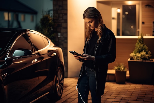 Una mujer parada junto a un coche mirando su teléfono