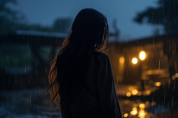 una mujer parada bajo la lluvia por la noche