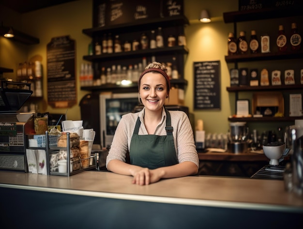 Una mujer parada en el mostrador de una cafetería IA generativa