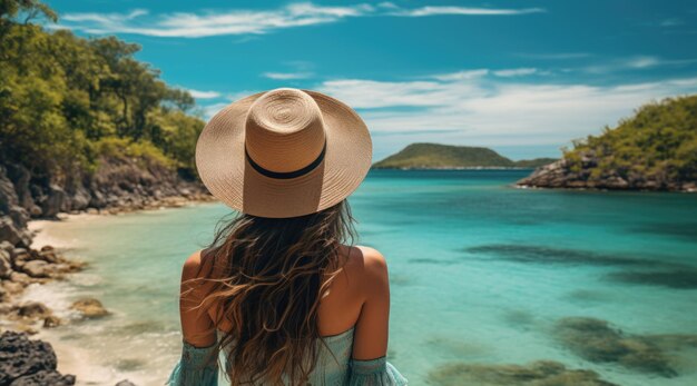 Una mujer parada en la playa.