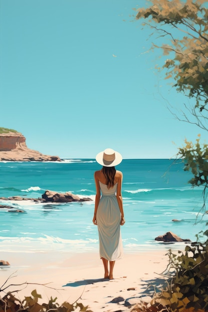 Una mujer parada en la playa.