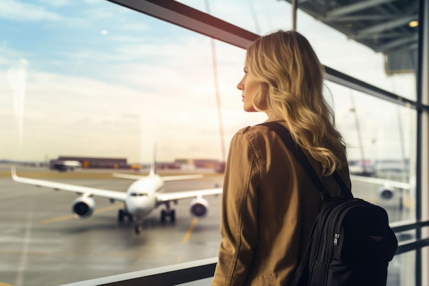 Mujer parada en el salón con el equipaje mirando la ventana del aeropuerto mientras espera en la puerta de embarque antes de la salida Ilustración generada por IA