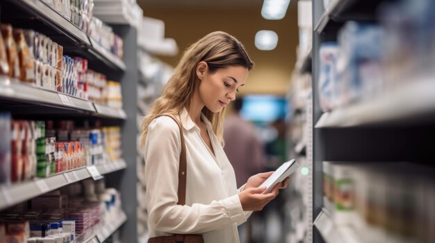 Mujer parada en un supermercado y mira su teléfono para buscar descuentos en una aplicación