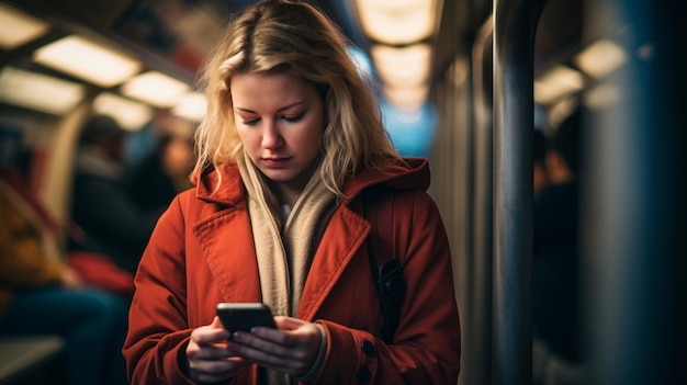 Una mujer parada con un teléfono en el metro IA generativa