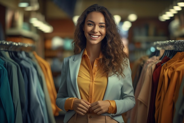 Una mujer parada en una tienda de ropa