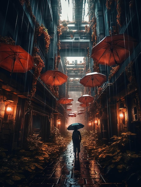 Una mujer con un paraguas se para debajo de una puerta.