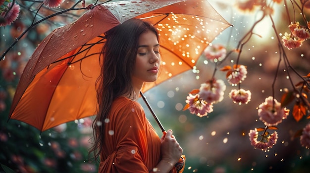 Foto una mujer con un paraguas está de pie en un jardín en flor con flores