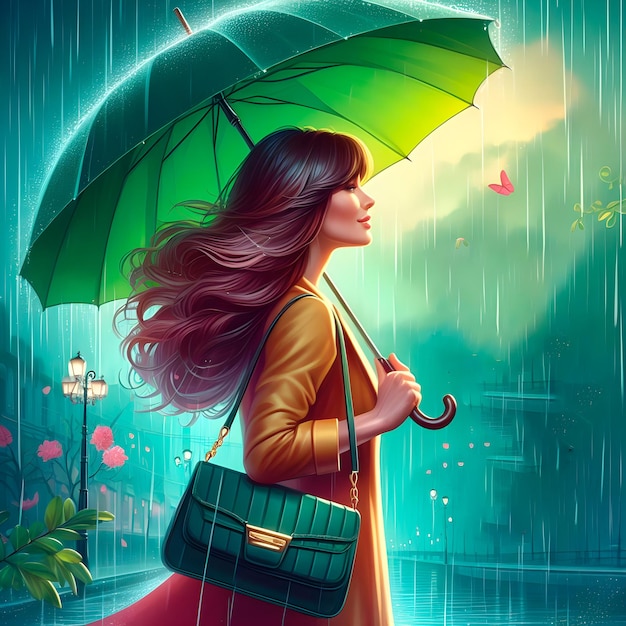 Foto una mujer con un paraguas verde está caminando en la lluvia