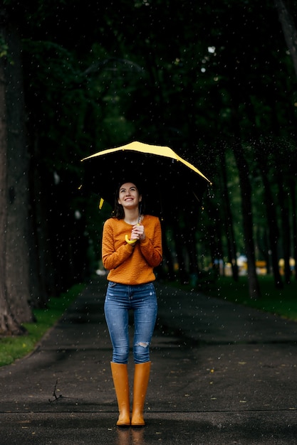 Mujer con paraguas, vista posterior, lluvia en el parque de verano, día lluvioso. Persona de sexo femenino caminando solo, clima húmedo en el callejón