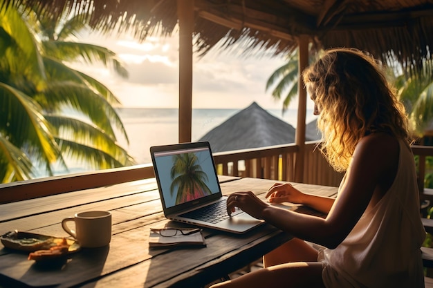 Mujer del paraíso del trabajo remoto usando una computadora portátil en el balcón de la playa tropical