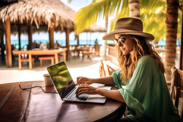 Mujer del paraíso del trabajo remoto usando una computadora portátil en el balcón de la playa tropical