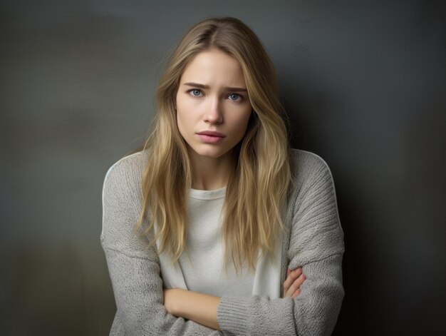 La mujer parece estar sufriendo sobre fondo gris