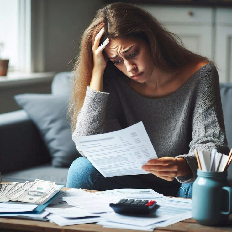 Una mujer parece estresada mientras revisa facturas y documentos financieros que simbolizan personales