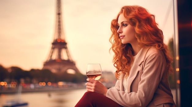 Foto mujer en parís con una copa de vino enfoque selectivo