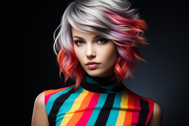 Mujer con una parte superior colorida y un corte de pelo corto con luces rosadas, amarillas y azules IA generativa