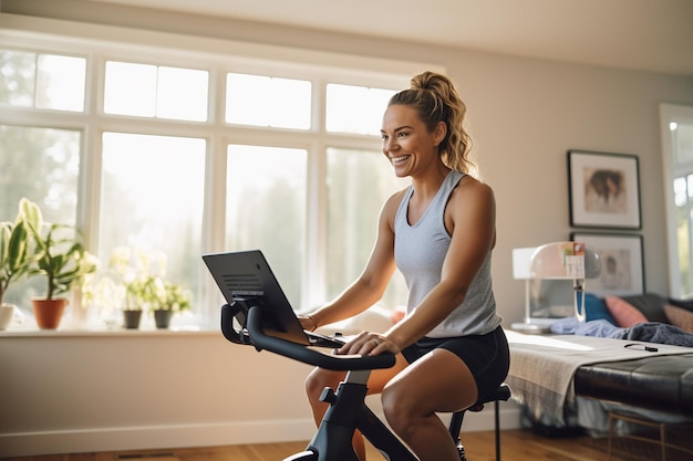 Mujer participando en una clase de fitness online con una bicicleta estática