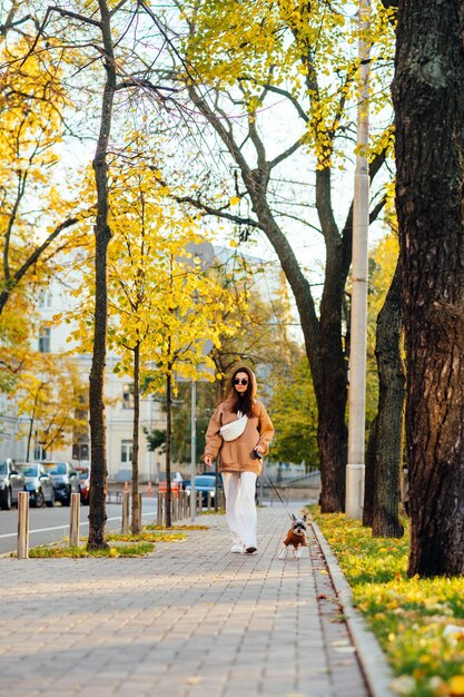 Foto mujer pasea con un perro en la ciudad de otoño lady pasea a su mascota con una correa en una calle de otoño con árboles