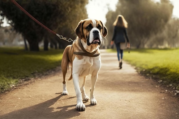 Una mujer pasea a su perro por un parque de la ciudad con una correa generada por Ai