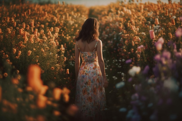 Una mujer paseando por un campo de flores.