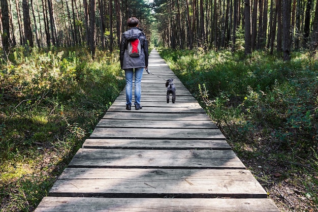 Foto mujer paseando a un perro en un camino de madera en el bosque