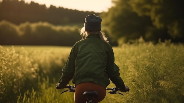 Mujer paseos en bicicleta en el campo Generativo Ai