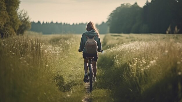 Mujer paseos en bicicleta en el campo Generativo Ai