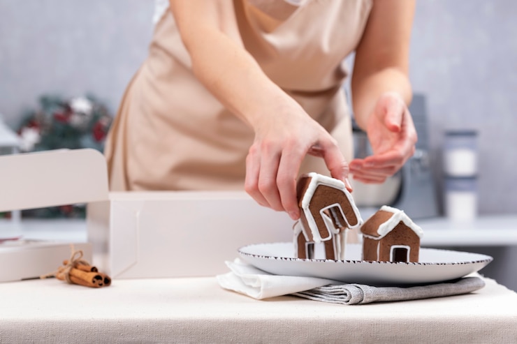 Foto mujer pastelera hace casa de jengibre. hornear dulces navideños.