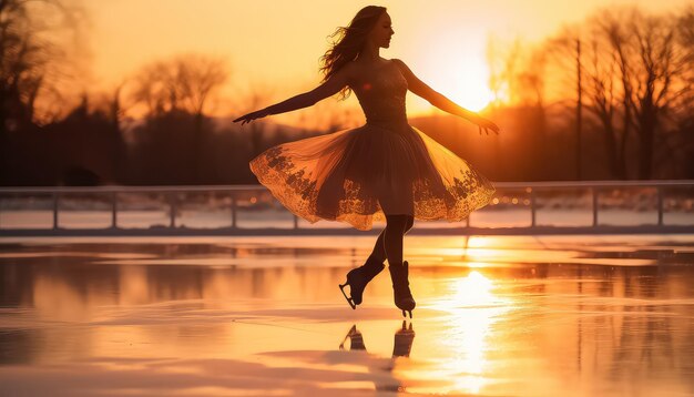 mujer patinando en el lago a la luz del atardecer