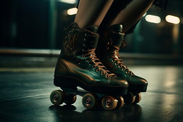 Una mujer con patines se para en una pista.