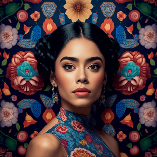 Una mujer con un patrón floral en su vestido está de pie frente a un fondo floral.